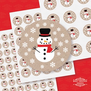 Snowman, Snow Flakes, Kraft Style Background, Circles, Sticker Sheet, Envelope Seal, Holiday Season, Christmas