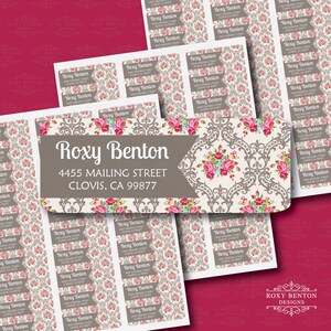 Damask Roses Pattern, Adhesive Return Address Labels, Personalized Stationery, Floral, Beige, Brown, Red, Blue Flower Pattern