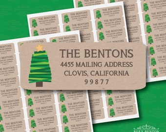 Christmas Tree, Kraft Color Background, Return Address Label, Personalized, Holiday, Mailing Label
