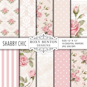 Beige and Pink Shabby Chic, Vintage Pink Roses, Stripes, Polka Dots, Digital Paper Pack, Set of 10, Instant Download