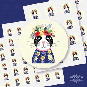 Sylvia le chat | Couronne florale | Fantastique | Illustration originale | Feuille d'autocollants cercles | Cachet pour enveloppes | Toutes les occasions