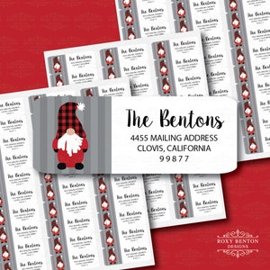 Christmas Gnome, Buffalo Plaid, Gray Stripes, Return Address Labels, Personalized, Holiday, Mailing Label