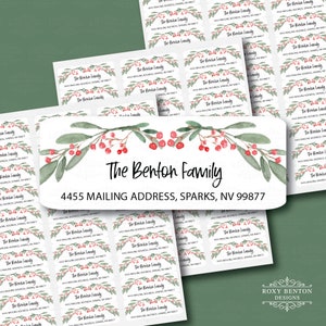 Watercolor Christmas Branches and Berries, Adhesive Return Address Labels, Personalized, Green, Red, Holly Jolly