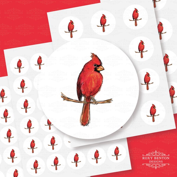 Red Cardinal | Watercolor Style | Circles Sticker Sheet | Envelope Seal | All Occasions