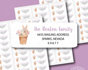 Bunny in Flower Pot, Watercolor Style, Return Address Label, Personalized, Spring, Holiday, Easter, Mailing Label