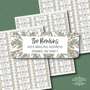 Christmas Holly Branches and Berries, Return Address Labels, Personalized, Green, Red, Holly Jolly