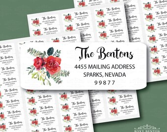 Christmas Red Roses, Christmas Tree Branches, Return Address Labels, Personalized, Holiday, Watercolor Style