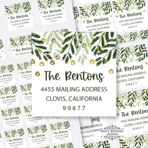 Christmas Tree Branches, Gold Glitter, Evergreen Color Font, Custom Return Address Label, Personalized, Holiday