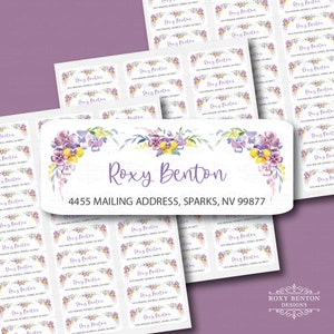 Pansies, Elegant Floral, Watercolor Style, Purple, Yellow, Return Address Label, Personalized, Wedding, Shower, All Occasions