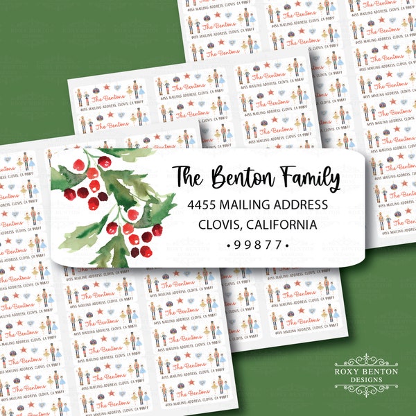 Holly Berries, Branches, Watercolor Christmas, Return Address Labels, Personalized, Holiday, Font Options Available
