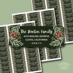 Christmas Tree Branches, Berries, Dark Green Background, Whimsical, Return Address Labels, Personalized, Roxy Benton Designs