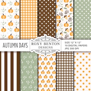 Autumn Days Digital Paper, Pumpkin, Acorns, Greenery, Gingham, Stripes, Set of 10 JPG Files, Instant Download