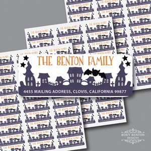 Haunted Neighborhood | Haunted Houses and Bats | Return Address Label | Personalized | Holiday | Halloween Season