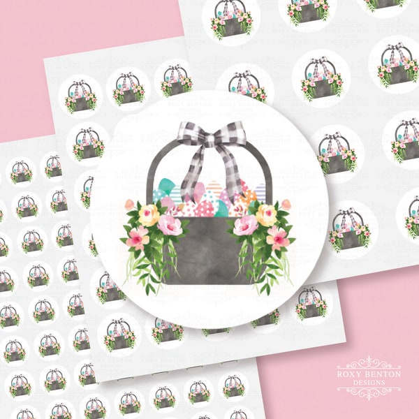 Easter Basket with Easter Eggs and Flowers, Watercolor Style, Circles Sticker Sheet, Envelope Seal, Holiday Season