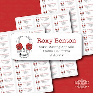 Skull with Red Roses, Typewriter Style Font, Adhesive Return Address Labels, Personalized Stationery, All Occasions