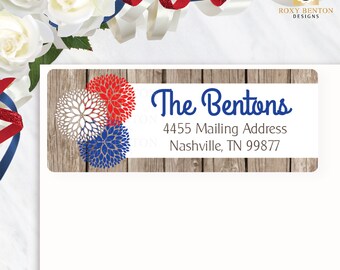 Patriotic Dahlia Flowers, 4th of July, Adhesive Return Address Label, Personalized Stationery, Red, White and Blue