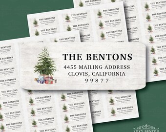 Watercolor Christmas Tree with Gifts | Rustic, Birchwood Background | Return Address Labels | Christmas Holiday