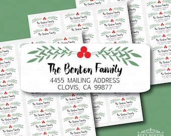 Holly Branch, Christmas Theme, Whimsical, Return Address Labels, Personalized, Everyday, All Occasions, Holiday