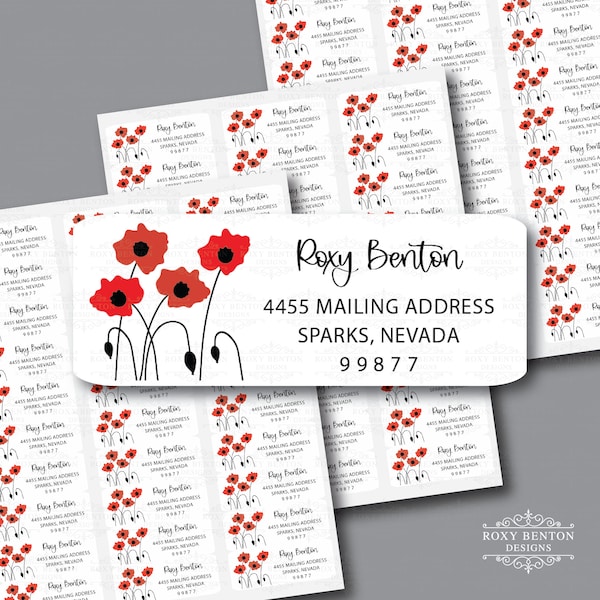 Meadow Flowers, Poppies, Cherry Tomato and Red Color, Adhesive Return Address Labels, Personalized Stationery, All Occasions