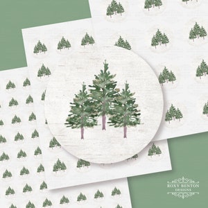 Three Forest Trees | Watercolor | Rustic | Christmas Holiday | Circles Sticker Sheet | Envelope Seal | Holiday Season | All Occasions