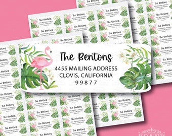 Pink Flamingo | Orchids | Palm Leaves | Watercolor Style | Tropical | Adhesive Return Address Labels | Roxy Benton Designs