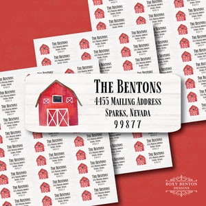 Watercolor Red Barn, Farm, Personalized, Return Address Labels, Light Wood Background, Roxy Benton Designs