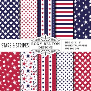 Stars and Stripes Digital Paper Pack | Red, White and Blue, Digital Papers | Set of 10 JPG Files | Instant Download