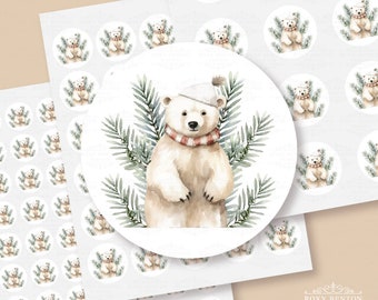 Holiday Watercolor Bear, Snow Bear, Christmas Tree Branches, Circle Stickers, Envelope Seals