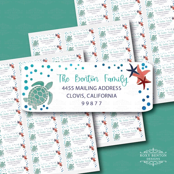 Swimming Turtle |  Sea Life |  Watercolor Style | Return Address Labels | All Occasions | Beach | Ocean | Star Fish