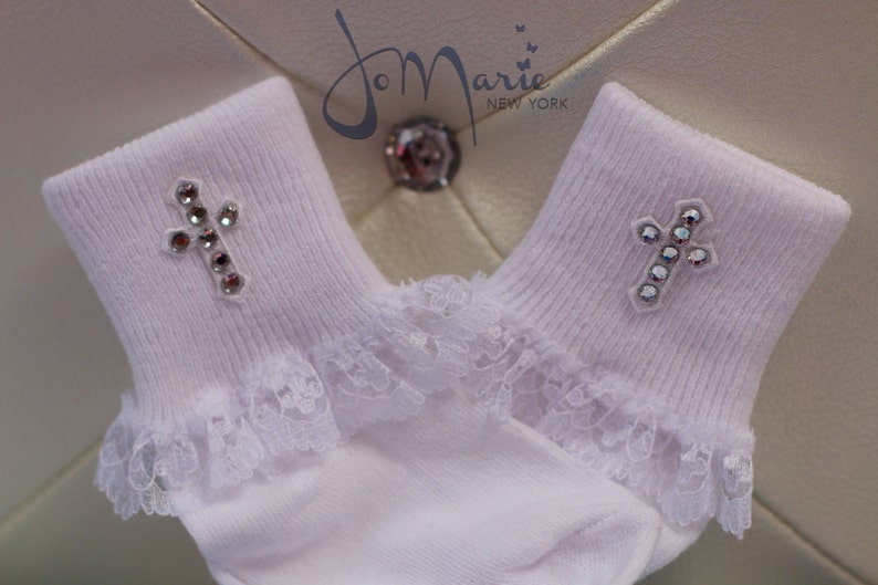 Baby Girl Christening/Baptism Socks With Swarovski Crystal Cross image 1