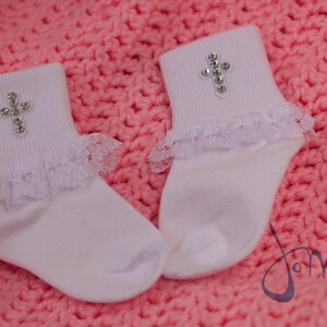 Baby Girl Christening/Baptism Socks With Swarovski Crystal Cross image 2