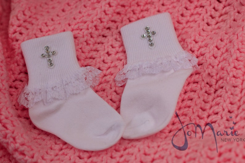 Baby Girl Christening/Baptism Socks With Swarovski Crystal Cross image 2