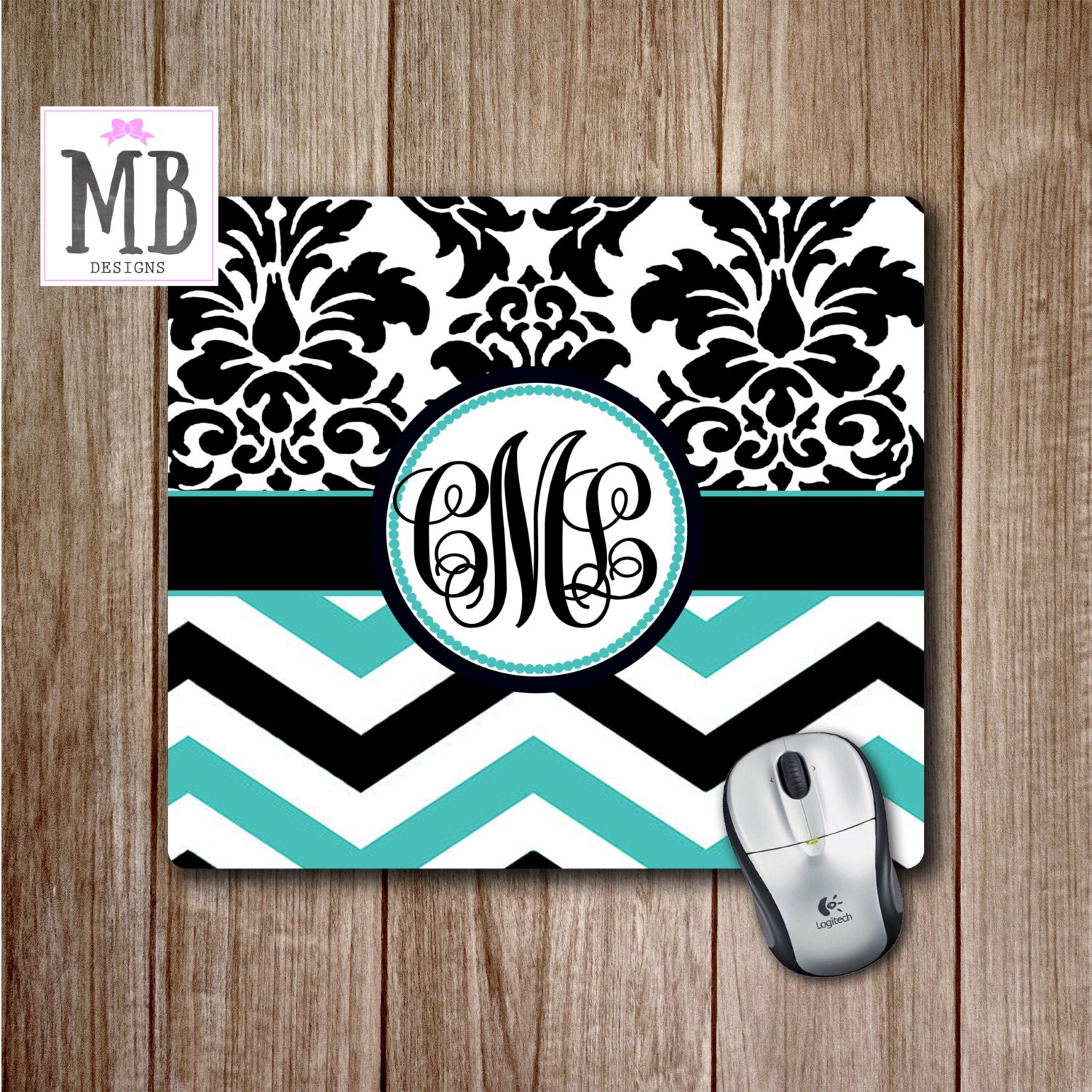 Teal Chevron Mousepad Damask Print Mouse Pad Cute Desk