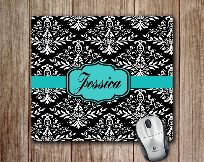 Monogram Mousepad Black and White Damask pattern with teal accents Personalized mousepad office accessories cute mousepads