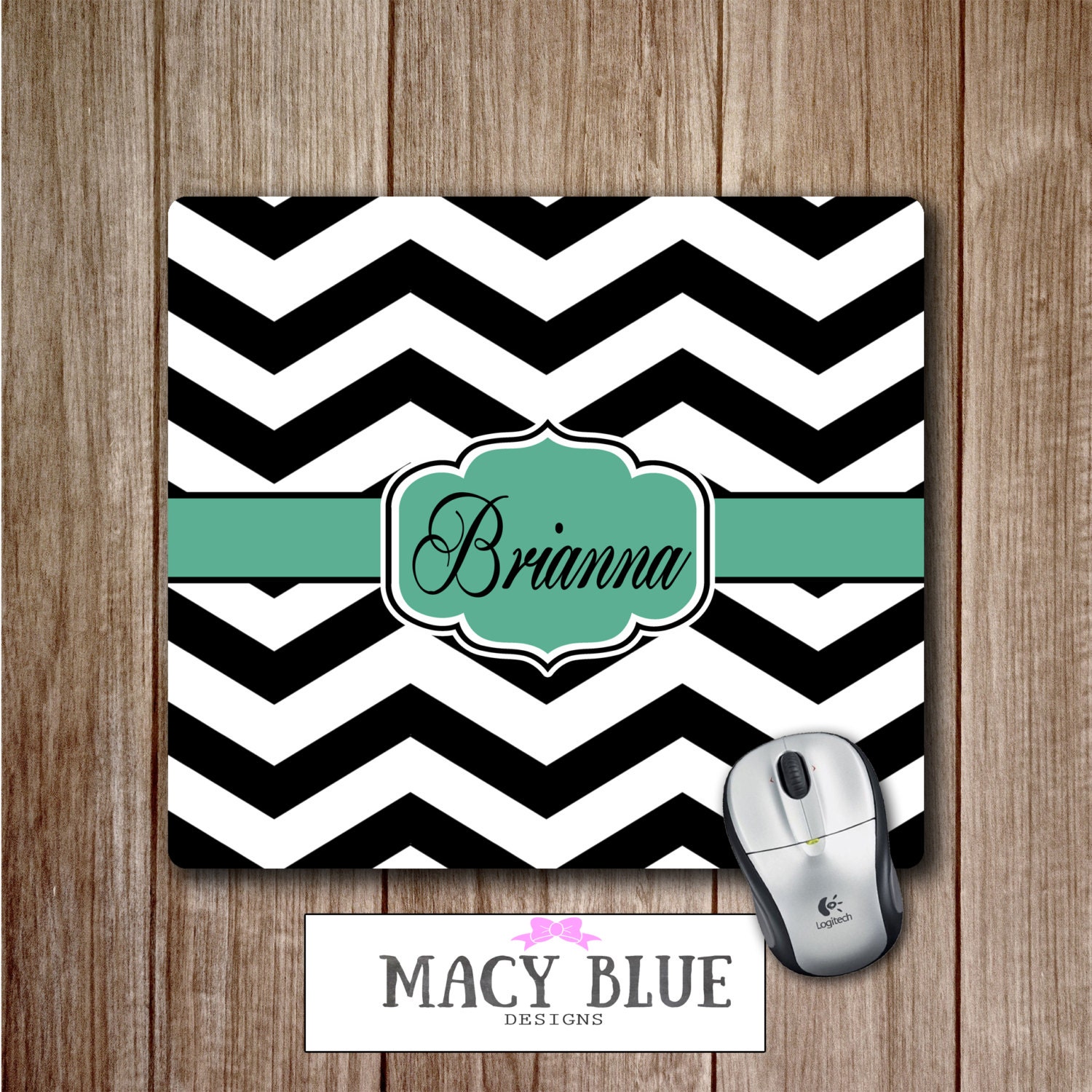 Monogram Mousepad Black And White Chevron With Teal