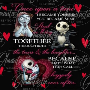 K&ouml;nnte beinhalten: Eine digitale Schwarzwei&szlig;illustration von Jack Skellington und Sally aus dem Film Nightmare Before Christmas. Das Bild zeigt ein rosa Herz mit dem Text "Es war einmal, ich wurde deins und du wurdest mein. Und wir werden zusammen bleiben durch Tr&auml;nen und Lachen... denn das nennt man gl&uuml;cklich bis ans Ende."