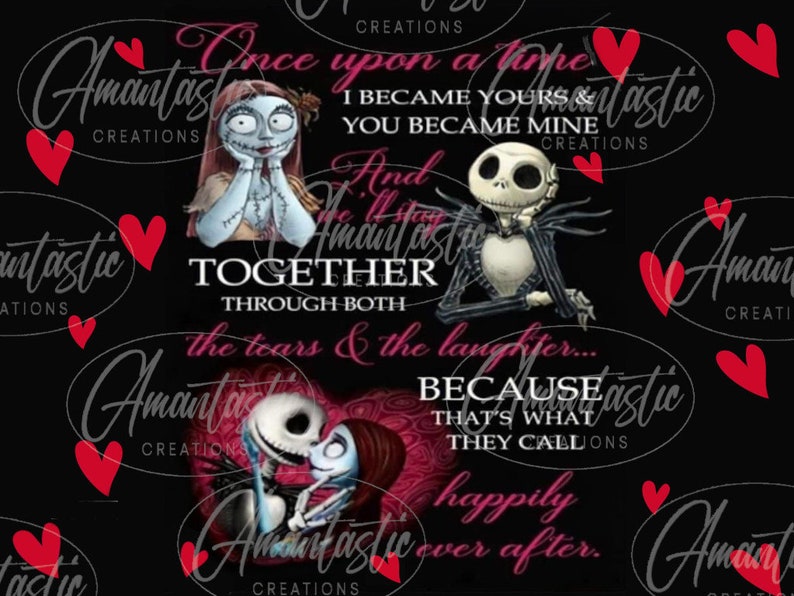 K&ouml;nnte beinhalten: Eine digitale Schwarzwei&szlig;illustration von Jack Skellington und Sally aus dem Film Nightmare Before Christmas. Das Bild zeigt ein rosa Herz mit dem Text "Es war einmal, ich wurde deins und du wurdest mein. Und wir werden zusammen bleiben durch Tr&auml;nen und Lachen... denn das nennt man gl&uuml;cklich bis ans Ende."