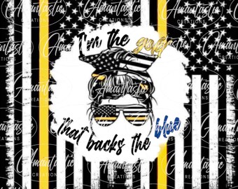 May include: A black and white American flag with a yellow stripe down the centre. The flag has a woman's face with sunglasses and a bun on top of her head. The text "I'm the girl that backs the blue" is written on the flag.