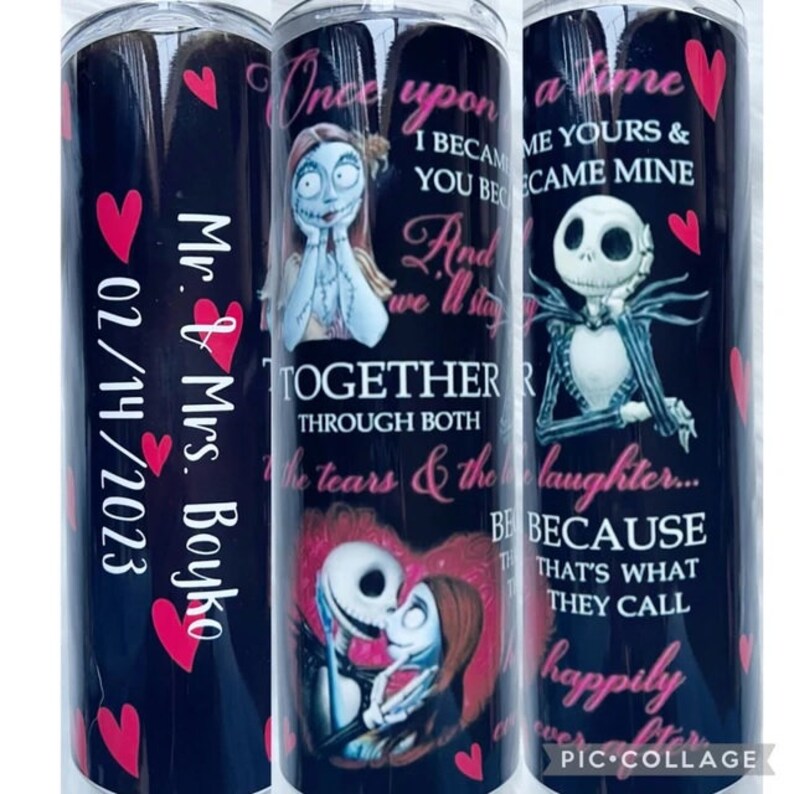 K&ouml;nnte beinhalten: Ein schwarzer und wei&szlig;er Becher mit einem rosafarbenen Herzdesign. Der Becher zeigt ein Paar aus dem Film 'Nightmare Before Christmas' und den Text 'Es war einmal, ich wurde deins und du wurdest mein. Und wir bleiben zusammen durch Tr&auml;nen und Lachen... denn das nennen sie gl&uuml;cklich bis ans Ende.'