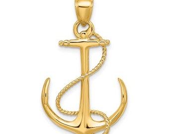 14k Yellow Gold 3-D Anchor Shackle and Entwined Rope Pendant
