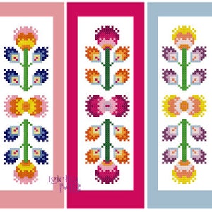 Folk Bookmark 3 kleurstellingen digitale PDF kruissteek grafiek downloadbaar patroon, Poolse volkskunst, Poolse folklore, boekenliefhebbers, boekenwurmen