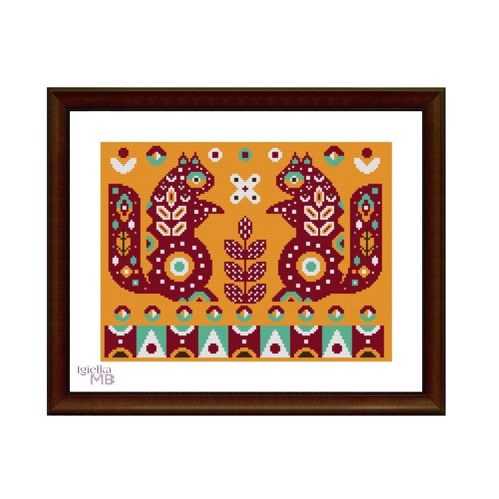Folk Art Forest Friends:Squirrels(2282)cross stitch,pdf,instant,download Scandinavian Nordic folk art forest friends forest animals,woods