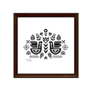 May include: Black and white framed print of a Scandinavian folk art design featuring two stylized birds, flowers, and geometric shapes. The print is titled "Igelka MB".
