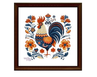 Scandinavian Rooster Cross Stitch Chart, Folk Art Flowers (Digital Download)