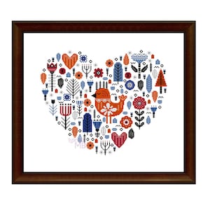 Scandinavian heart with bird 2. (3012), cross stitch pattern, digital pdf chart, Scandinavian, Nordic, Folk art, modern