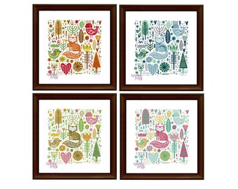 Scandinavian Forest with fox. Four seasons (1280) cross stitch chart pdf pattern scandinavian retro style nordic forest,set LIMITED EDITION