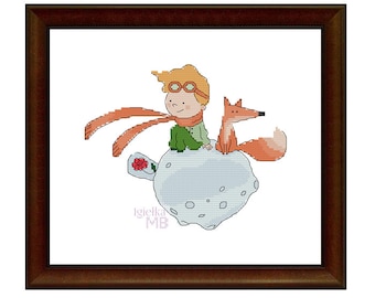 Little Prince 1. (2431) with the fox, cross stitch chart PDF pattern, Little Prince, moon, fox, a pilot, rose, gift