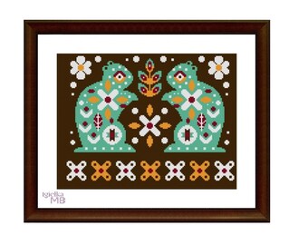 Folk Art Forest Friends: Beavers cross stitch chart pdf instant download Scandinavian Nordic folk art forest friends forest animals woods