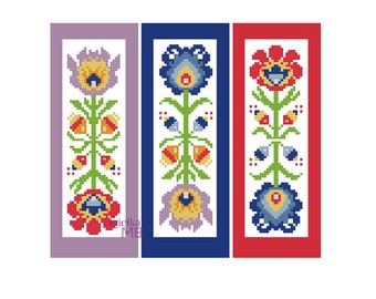 Folk on Stalk (1171) Polish Folk Art cross stitch pattern bookmark floral rustic bohemian folklore embroidery