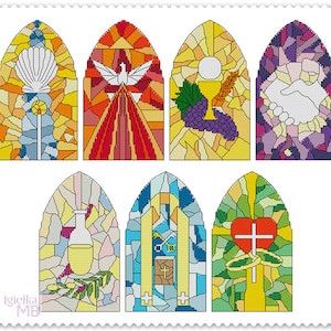 Gráfico de ponto cruz com janelas de vitral, padrão PDF, igreja, catedral, vitral, vidro vitril, espiritual